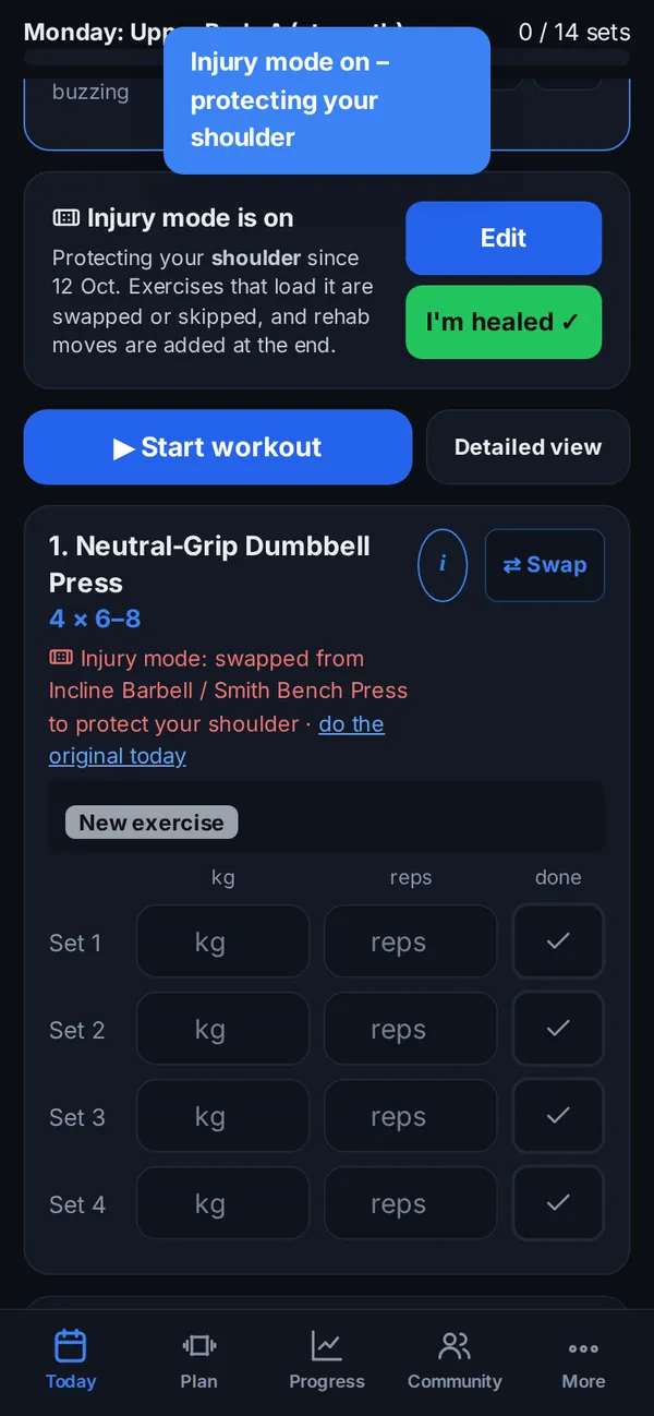 Injury mode swapping an exercise to protect the shoulder