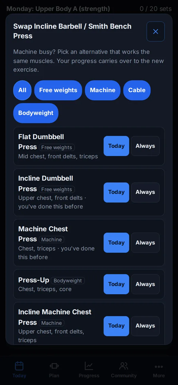 Exercise swap list with alternatives